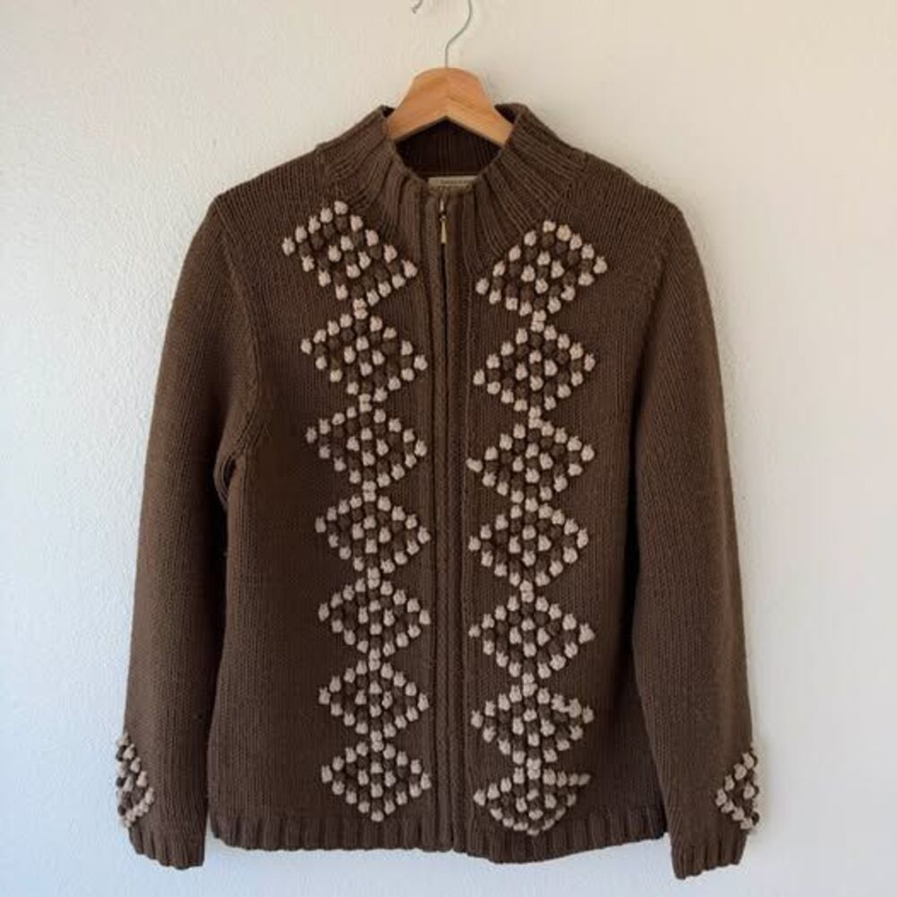 Vintage Jones New York Country Hand Knit Wool Zip Cardigan Brown M Bobble 90s